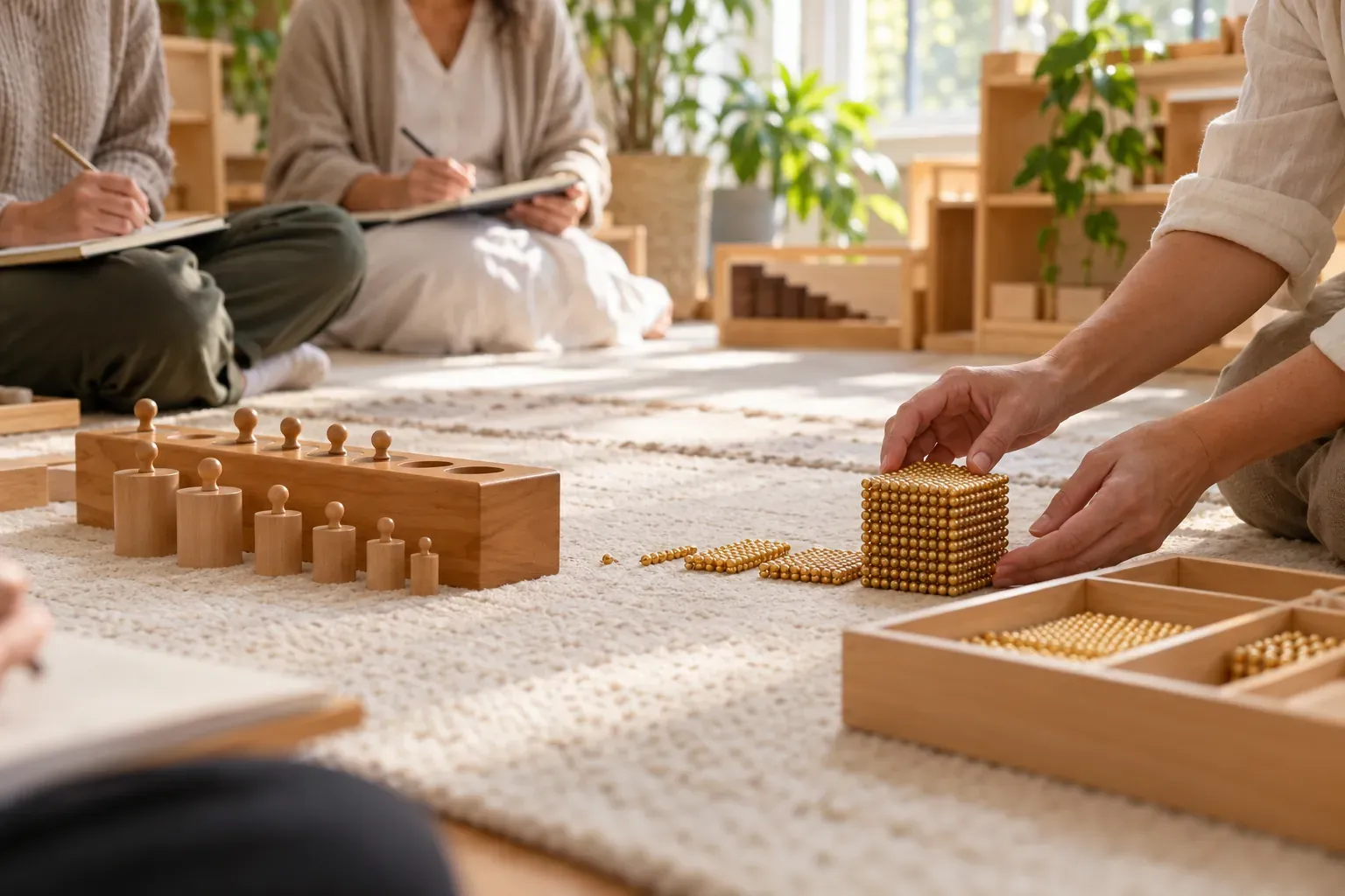 Mains d'adulte présentant des perles dorées Montessori sur un tapis pendant une formation