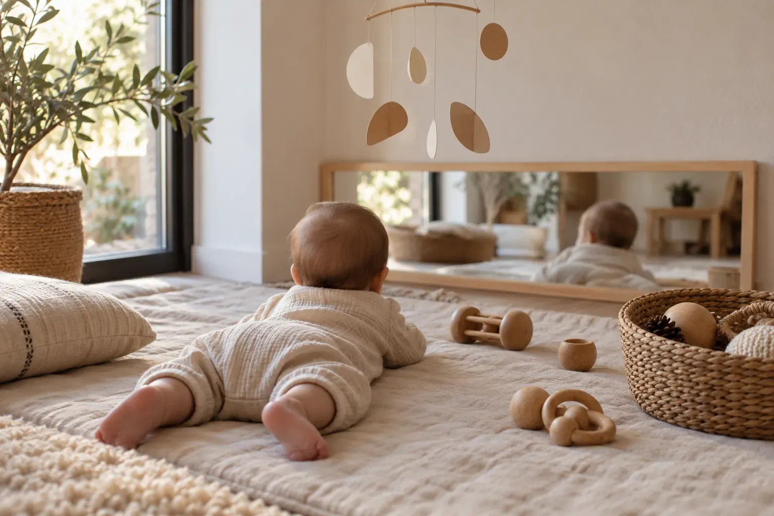 Espace nido Montessori avec bébé sur un tapis, mobile suspendu, miroir bas et hochets en bois