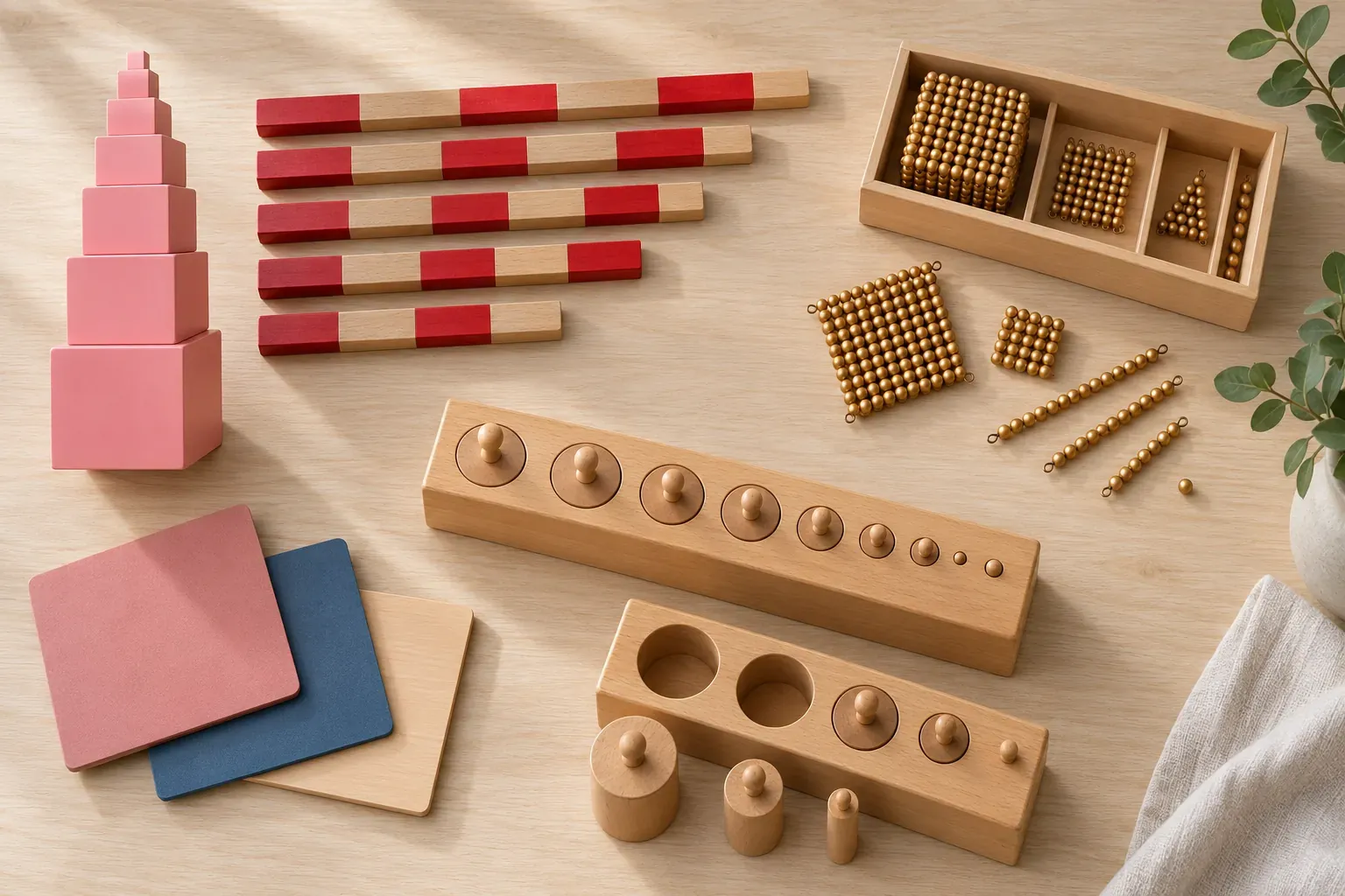 Matériel Montessori classique disposé sur une table : tour rose, barres numériques, lettres rugueuses et perles dorées
