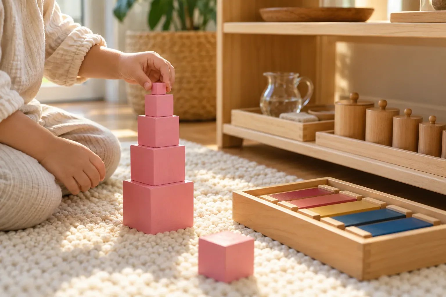 Mains d'enfant empilant la tour rose près d'une étagère basse garnie de matériel Montessori